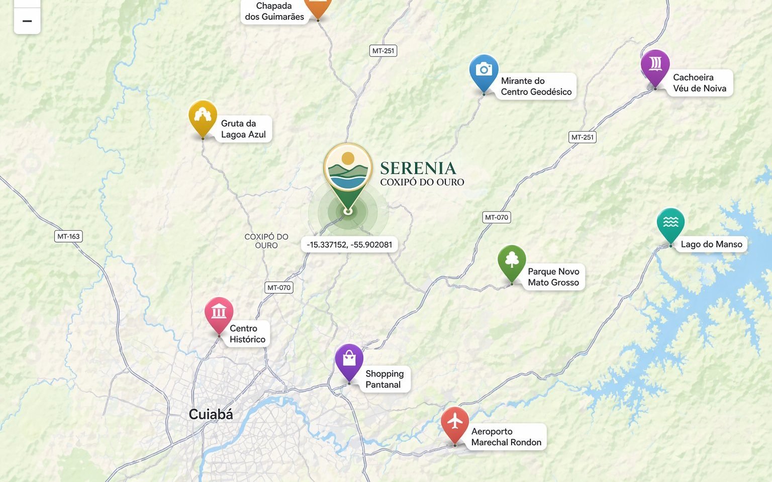 Mapa do Serenia em Coxipó do Ouro e pontos turísticos: Chapada dos Guimarães, Parque Novo MT, Lago do Manso